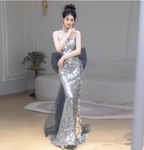 Gorgeous Silver Mermaid Strapless Bow Sequined Train Prom Dresses Evening Dresses