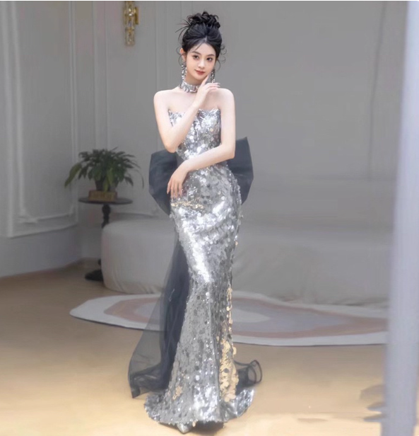 Gorgeous Silver Mermaid Strapless Bow Sequined Train Prom Dresses Evening Dresses