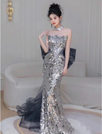 Gorgeous Silver Mermaid Strapless Bow Sequined Train Prom Dresses Evening Dresses