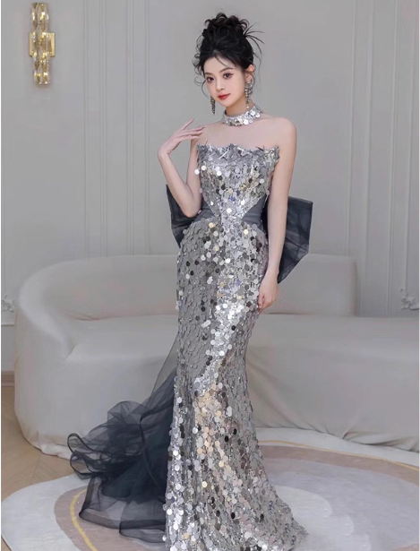 Gorgeous Silver Mermaid Strapless Bow Sequined Train Prom Dresses Evening Dresses