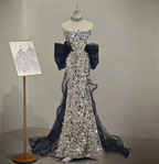 Gorgeous Silver Mermaid Strapless Bow Sequined Train Prom Dresses Evening Dresses