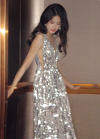 Gorgeous Silver V-Neck Tassel Sequin Long Prom Dresses Evening Dresses