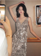 Gorgeous Silver V-Neck Tassel Sequin Long Prom Dresses Evening Dresses