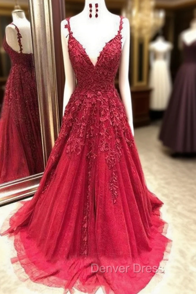 Gorgeous Spaghetti Strap Applique Prom Dresses Red Tulle Sleeveless Evening Dresses Main image
