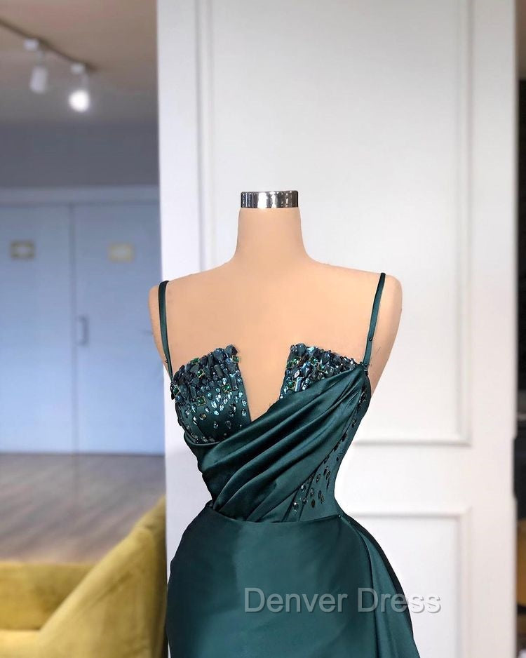 Gorgeous Spaghetti Straps Crystal Mermaid Prom Dresses With Detachable Train