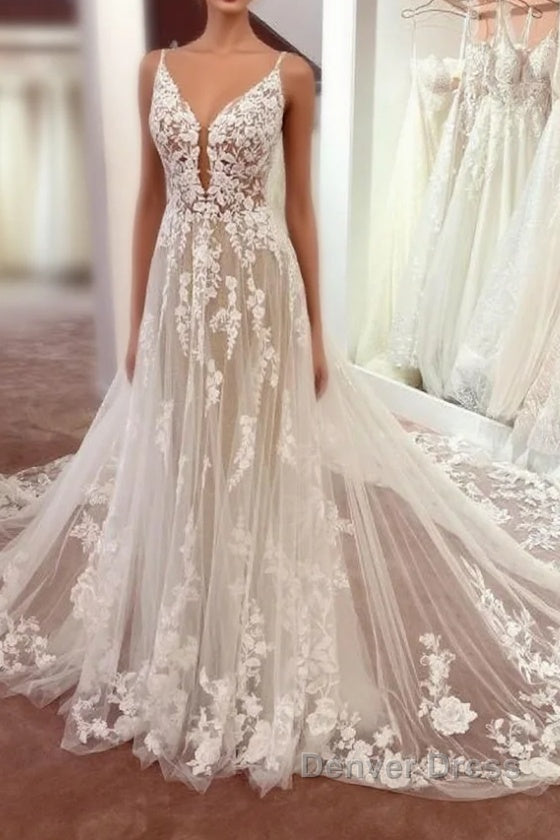 Gorgeous Spaghetti-Straps Lace Wedding Dresses Tulle Sleeveless Bridal Gowns Main image