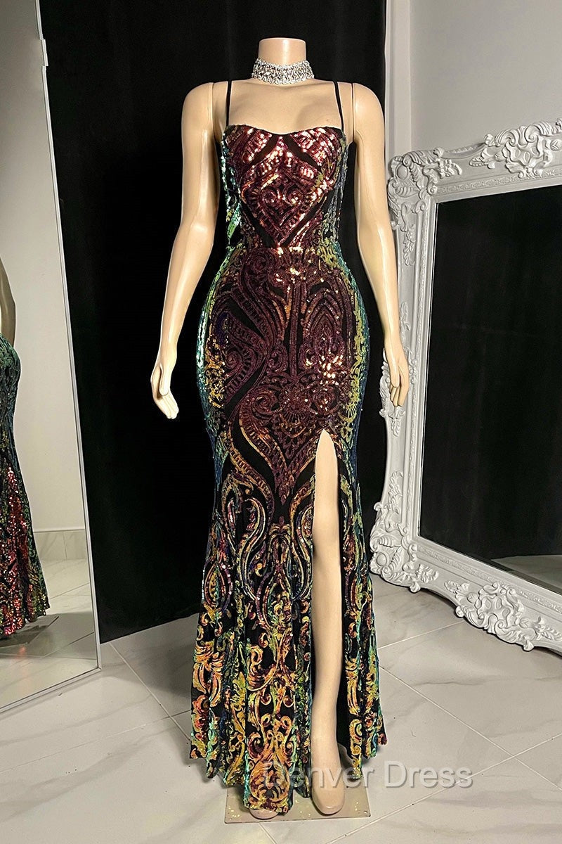 Gorgeous Spaghetti Straps Mermaid Prom Dresses Sequins Sleeveless With Slit