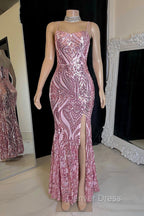 Gorgeous Spaghetti Straps Mermaid Prom Dresses Sequins Sleeveless With Slit