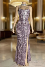 Gorgeous Spaghetti Straps Mermaid Prom Dresses Sequins Sleeveless With Slit