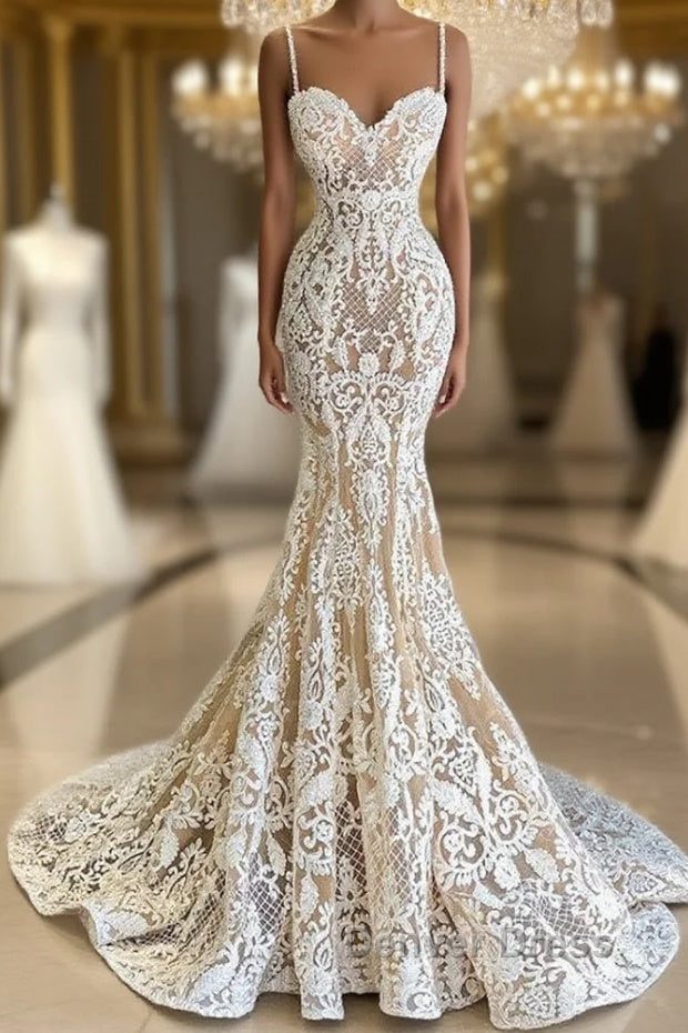 Gorgeous Spaghetti-Straps Mermaid Wedding Dresses Lace Sleeveless