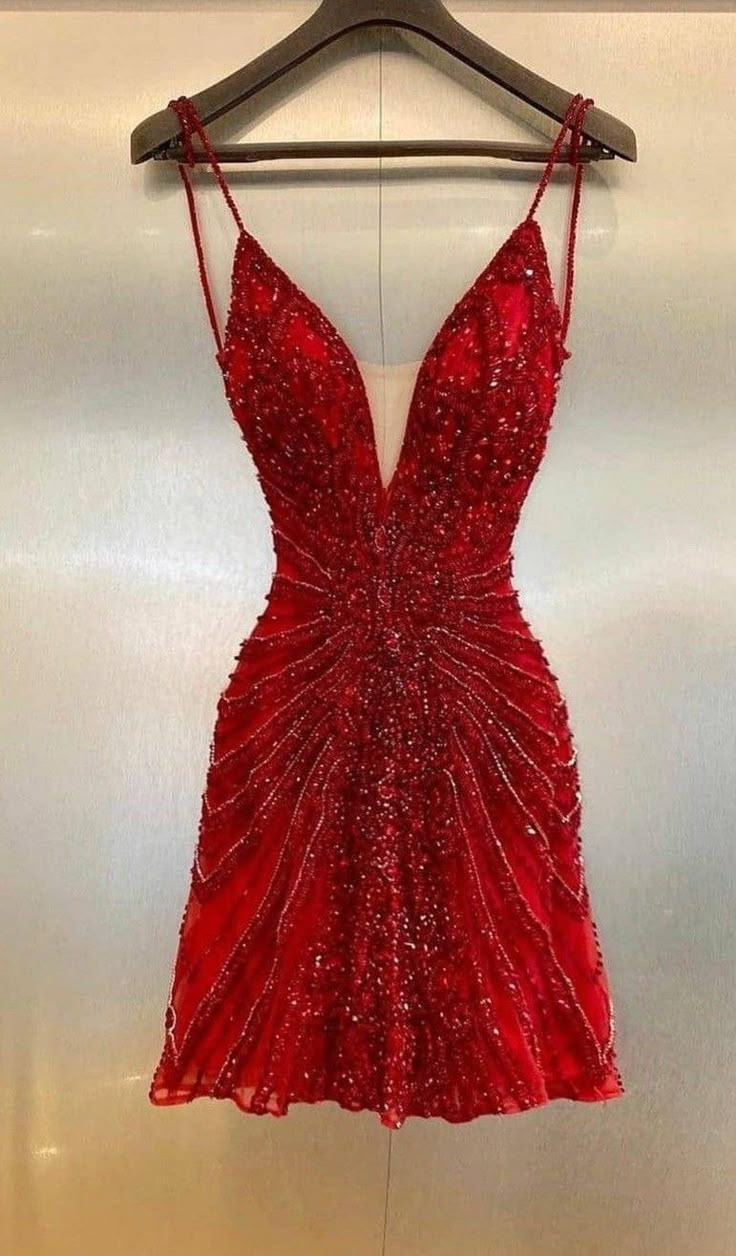 Gorgeous Spaghetti Straps Sequin Beaded Cocktail Dress Red Mini Birthday Outfits Homecoming Dresses Main image