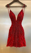 Gorgeous Spaghetti Straps Sequin Beaded Cocktail Dress Red Mini Birthday Outfits Homecoming Dresses