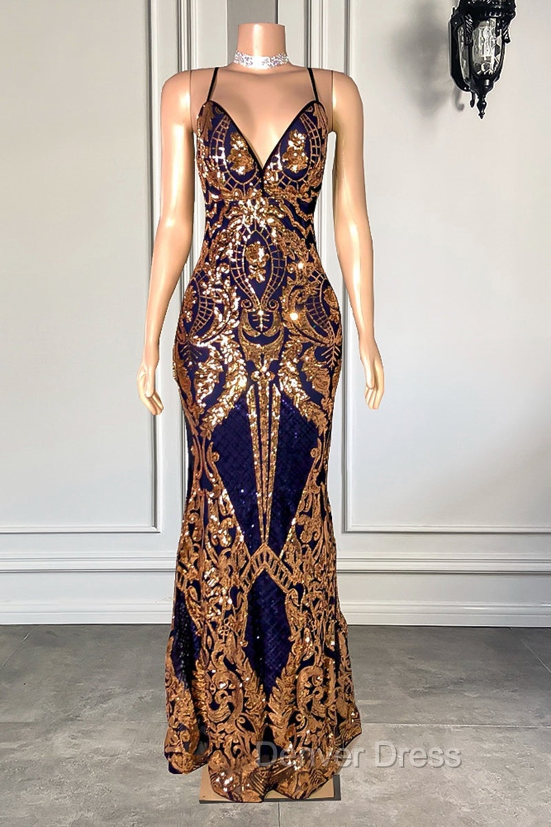Gorgeous Spaghetti Straps Sequins Mermaid Prom Dresses Long V Neck