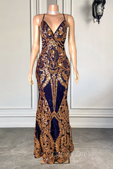 Gorgeous Spaghetti-Straps Sequins Mermaid Prom Dresses Long V-Neck
