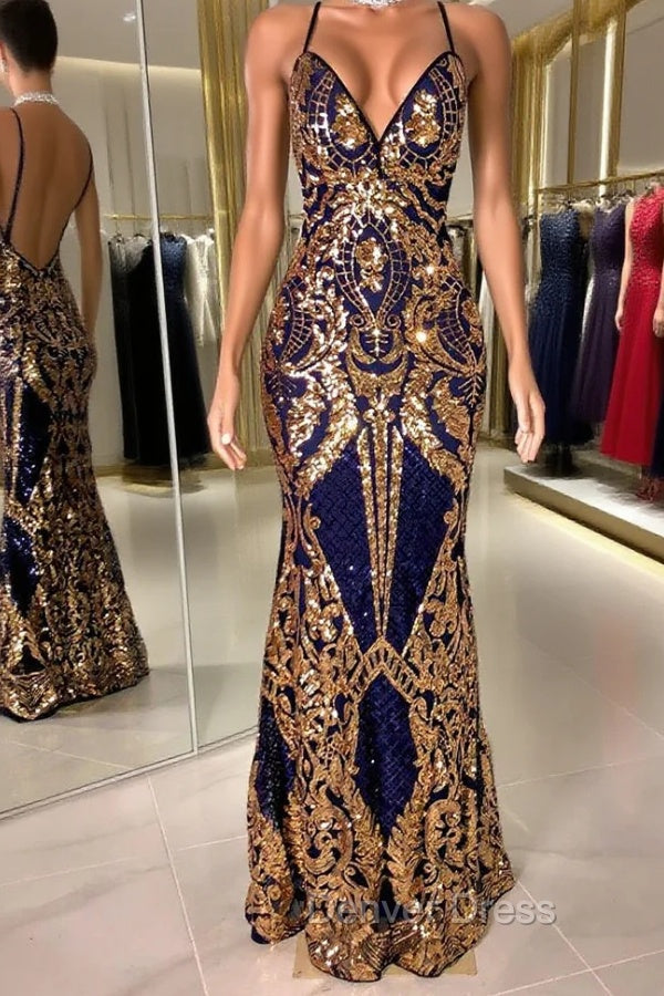Gorgeous Spaghetti Straps Sequins Mermaid Prom Dresses Long V Neck Main image