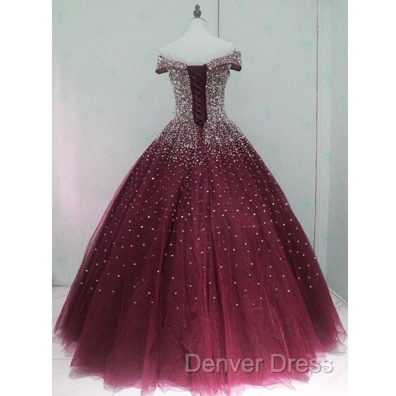 Gorgeous Sparkle Burgundy Off Shoulder Sweet 16 Gowns, Burgundy Prom Dresses