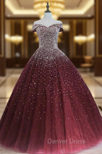 Gorgeous Sparkle Burgundy Off Shoulder Sweet 16 Gowns, Burgundy Prom Dresses