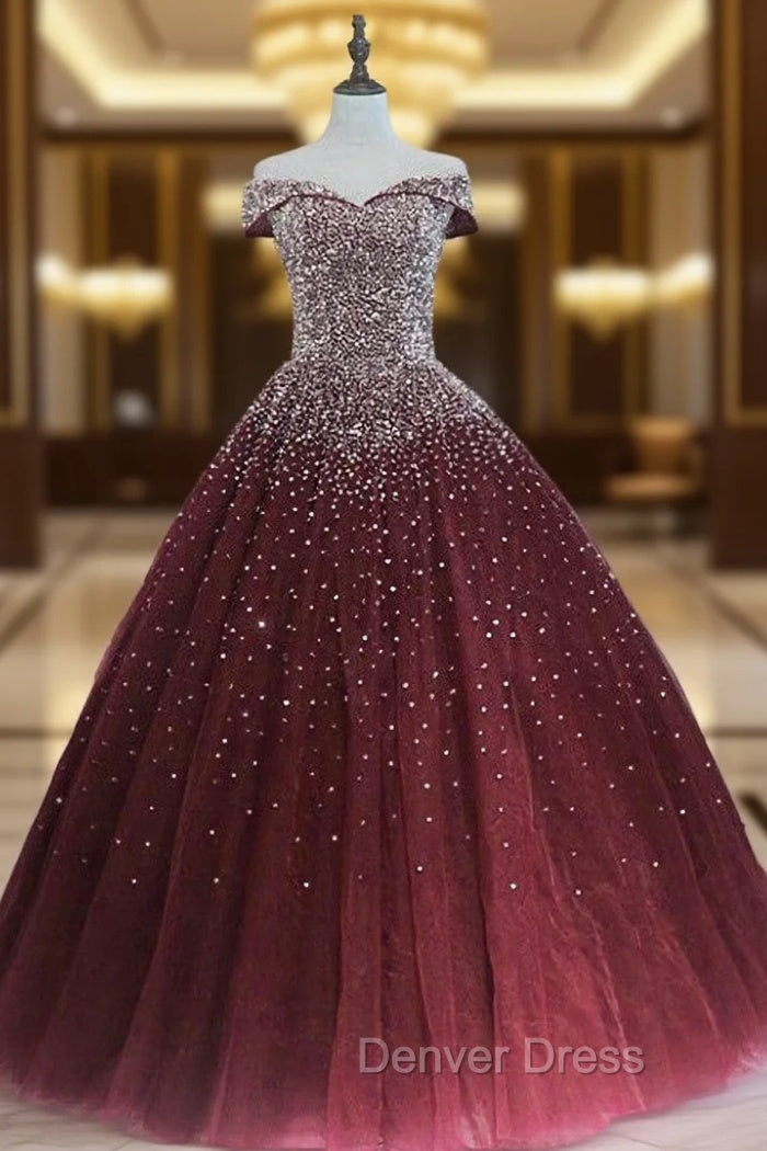 Gorgeous Sparkle Burgundy Off Shoulder Sweet 16 Gowns, Burgundy Prom Dresses
