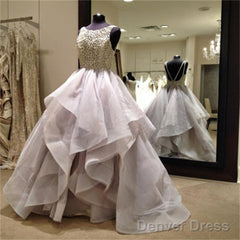 Gorgeous Sparkly Beading Top Organza Ruffles Sleeveless Open Back  Ball Gown Wedding Dress,