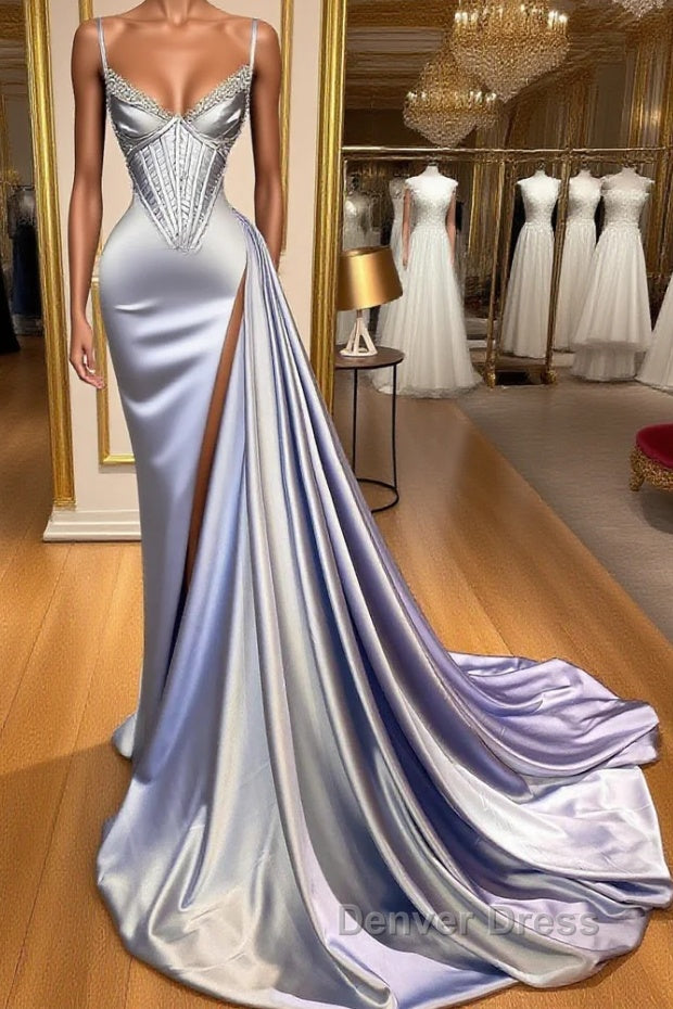 Gorgeous Split Front Sleeveless V Neck Spaghetti Strap Prom Dresses