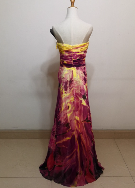 Gorgeous Strapless A-Line Printed Chiffon Long Prom Dresses Evening Dresses