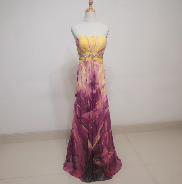 Gorgeous Strapless A-Line Printed Chiffon Long Prom Dresses Evening Dresses Main image