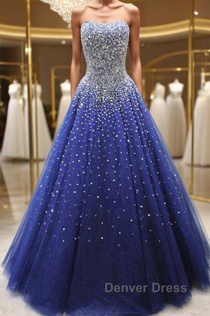 Gorgeous Strapless Blue Tulle Beaded Long Prom Dress, Beaded Blue Prom Dresses, Beaded Ball Gowns Main image