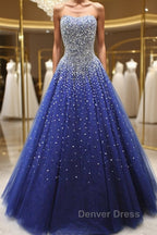 Gorgeous Strapless Blue Tulle Beaded Long Prom Dress, Beaded Blue Prom Dresses, Beaded Ball Gowns