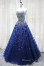 Gorgeous Strapless Blue Tulle Beaded Long Prom Dress, Beaded Blue Prom Dresses, Beaded Ball Gowns