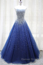Gorgeous Strapless Blue Tulle Beaded Long Prom Dress, Beaded Blue Prom Dresses, Beaded Ball Gowns