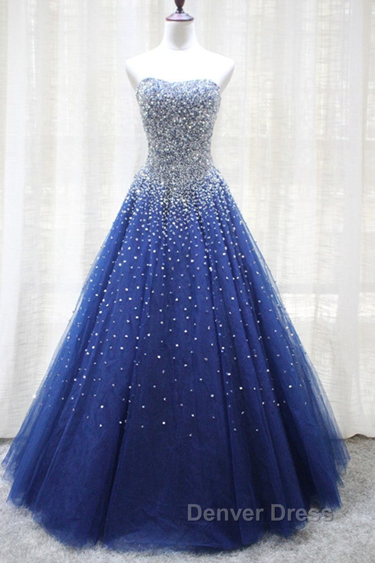 Gorgeous Strapless Blue Tulle Beaded Long Prom Dress, Beaded Blue Prom Dresses, Beaded Ball Gowns