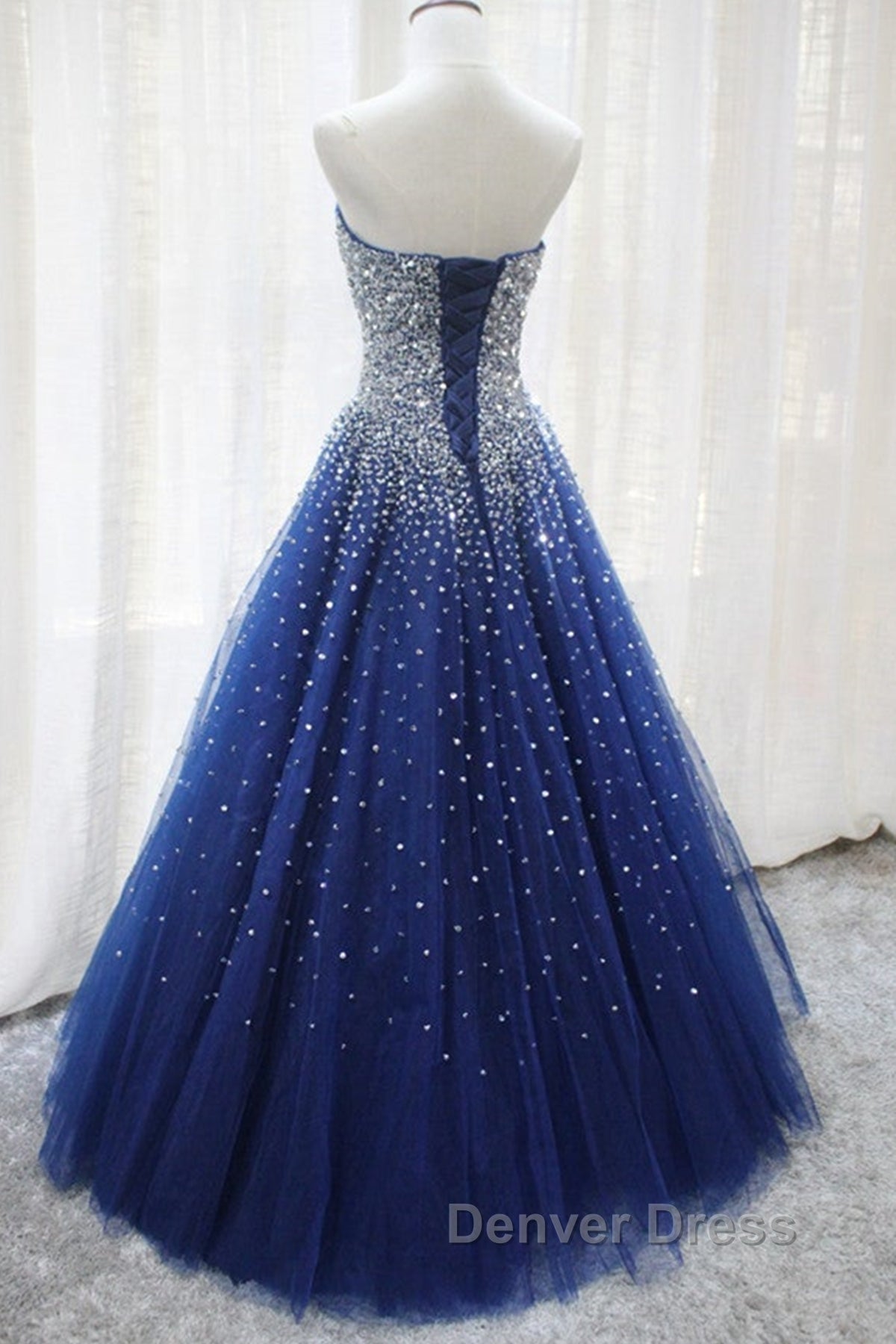 Gorgeous Strapless Blue Tulle Beaded Long Prom Dress, Beaded Blue Prom Dresses, Beaded Ball Gowns