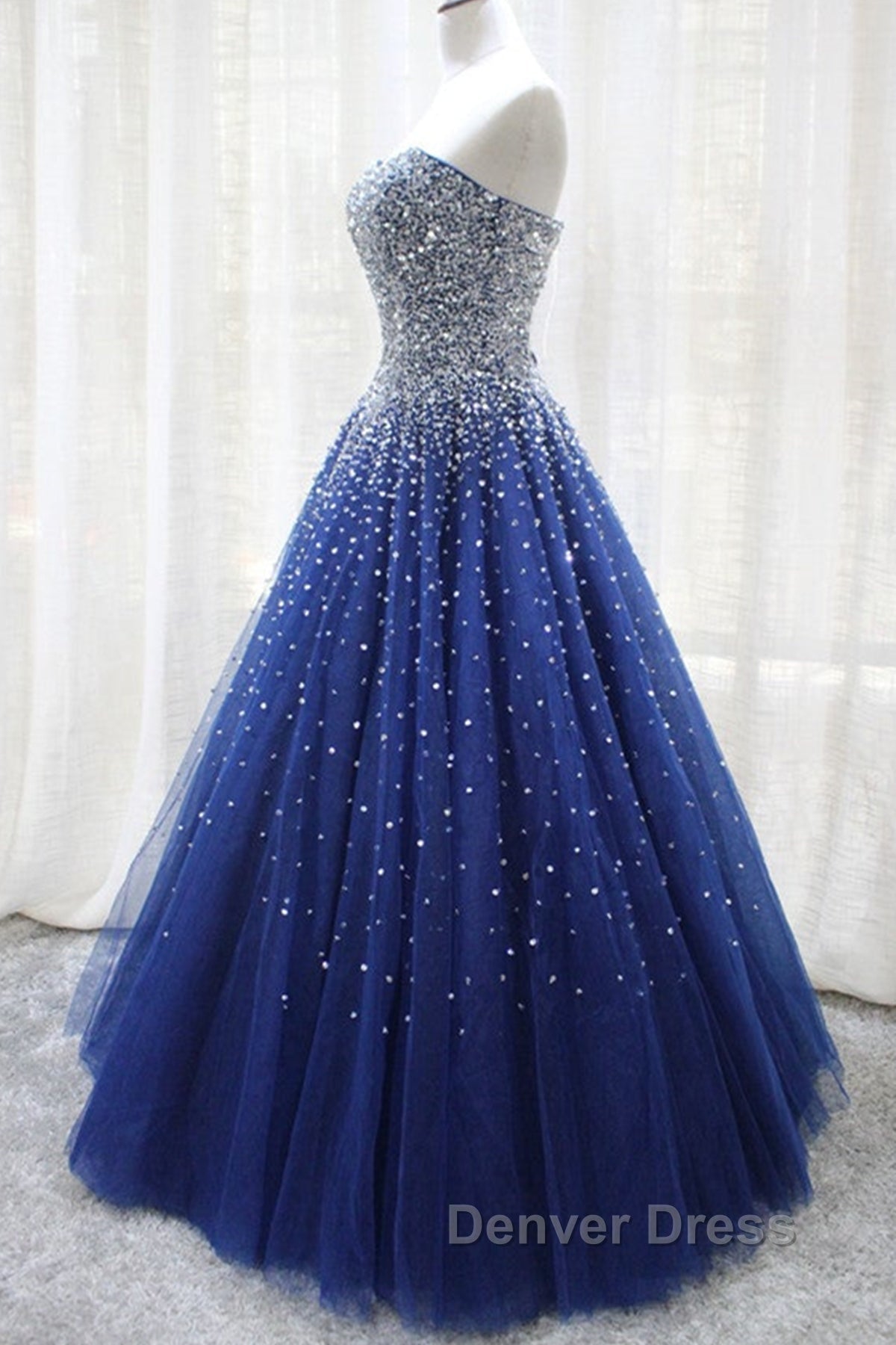 Gorgeous Strapless Blue Tulle Beaded Long Prom Dress, Beaded Blue Prom Dresses, Beaded Ball Gowns
