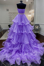 Gorgeous Strapless Layered Purple Tulle Long Prom Dress with Belt, Purple Prom Dresses, Purple Ball Gowns