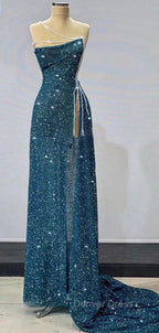 Gorgeous Teal Sheath High Slit Maxi Long Prom Dress,Prom Dresses
