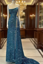Gorgeous Teal Sheath High Slit Maxi Long Prom Dress,Prom Dresses