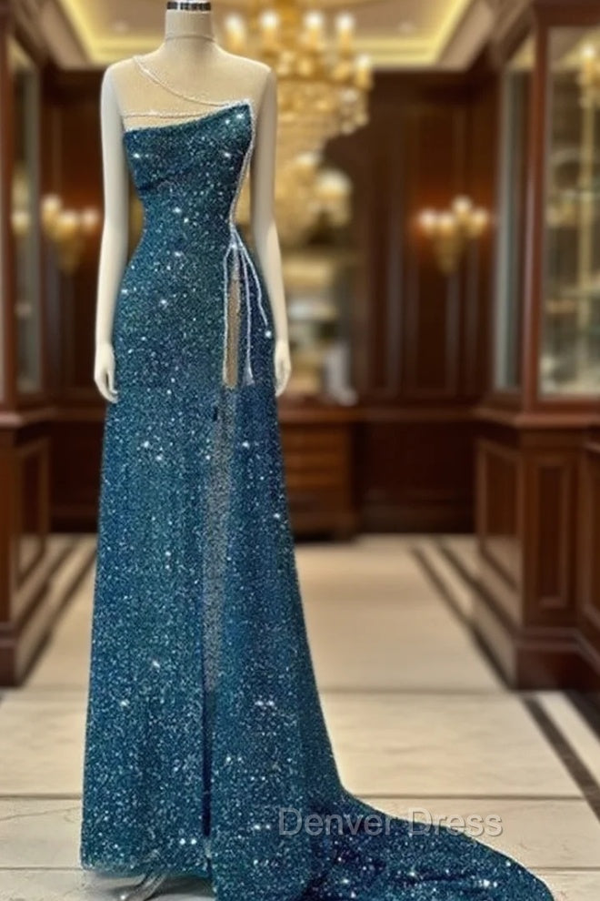 Gorgeous Teal Sheath High Slit Maxi Long Prom Dress,Prom Dresses