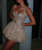 Gorgeous Tulle Beaded A Line Cocktail Dress Champagne Short Homecoming Dresses