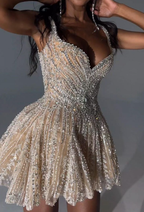 Gorgeous Tulle Beaded A Line Cocktail Dress Champagne Short Homecoming Dresses