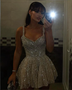 Gorgeous Tulle Beaded A Line Cocktail Dress Champagne Short Homecoming Dresses