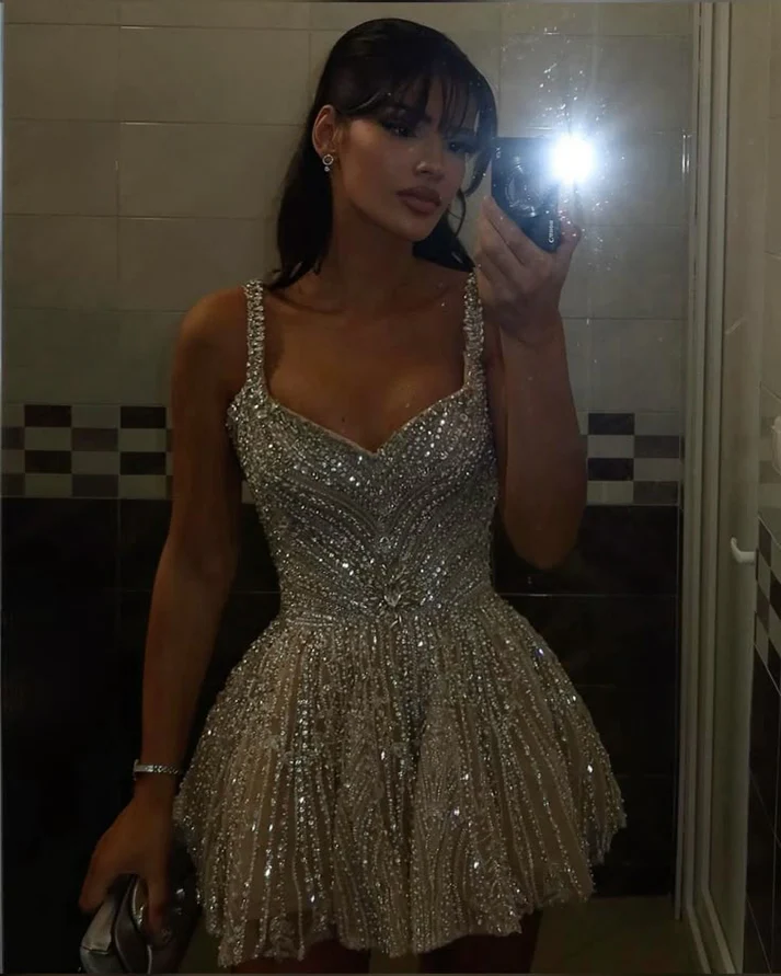 Gorgeous Tulle Beaded A Line Cocktail Dress Champagne Short Homecoming Dresses
