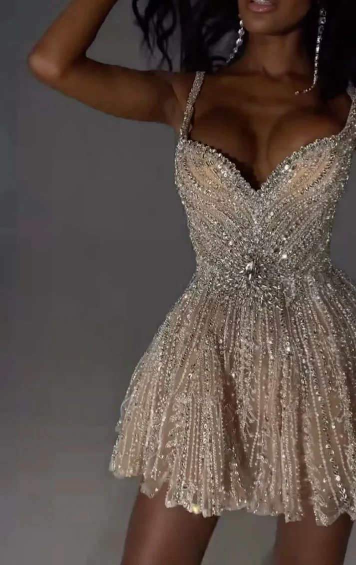 Gorgeous Tulle Beaded A Line Cocktail Dress Champagne Short Homecoming Dresses