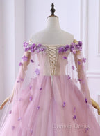 Gorgeous Tulle Off Shoulder Flowers Lace-Up Long Formal Dresses, Pink Prom Dresses