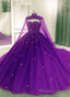Gorgeous Tulle Purple Ball Gowns Sweet 16 Dress With Cape, Purple Long Prom Dresses