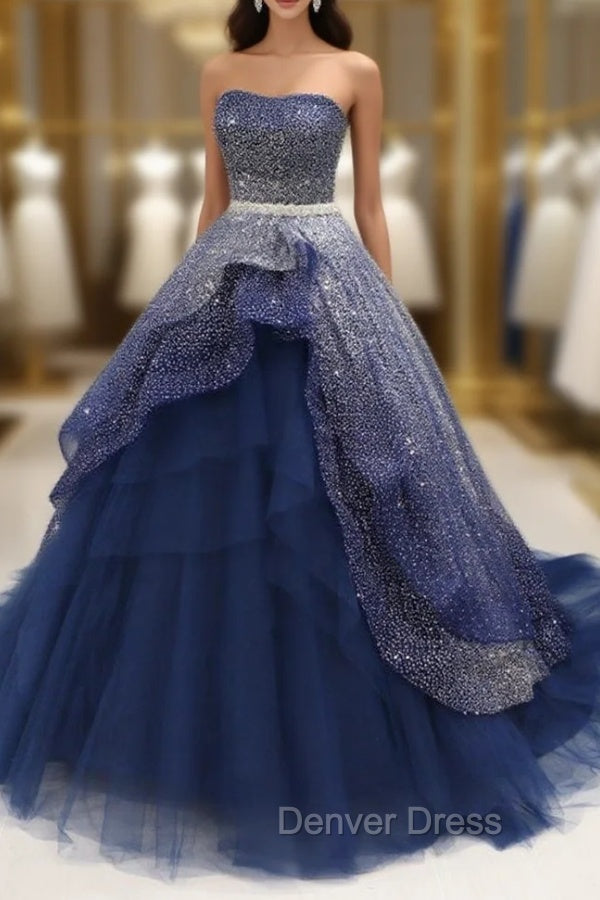 Gorgeous Tulle Strapless Beaded Long Layered Evening Dresses, Blue Formal Dresses Prom Dresses Secondary image