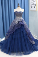 Gorgeous Tulle Strapless Beaded Long Layered Evening Dresses, Blue Formal Dresses Prom Dresses