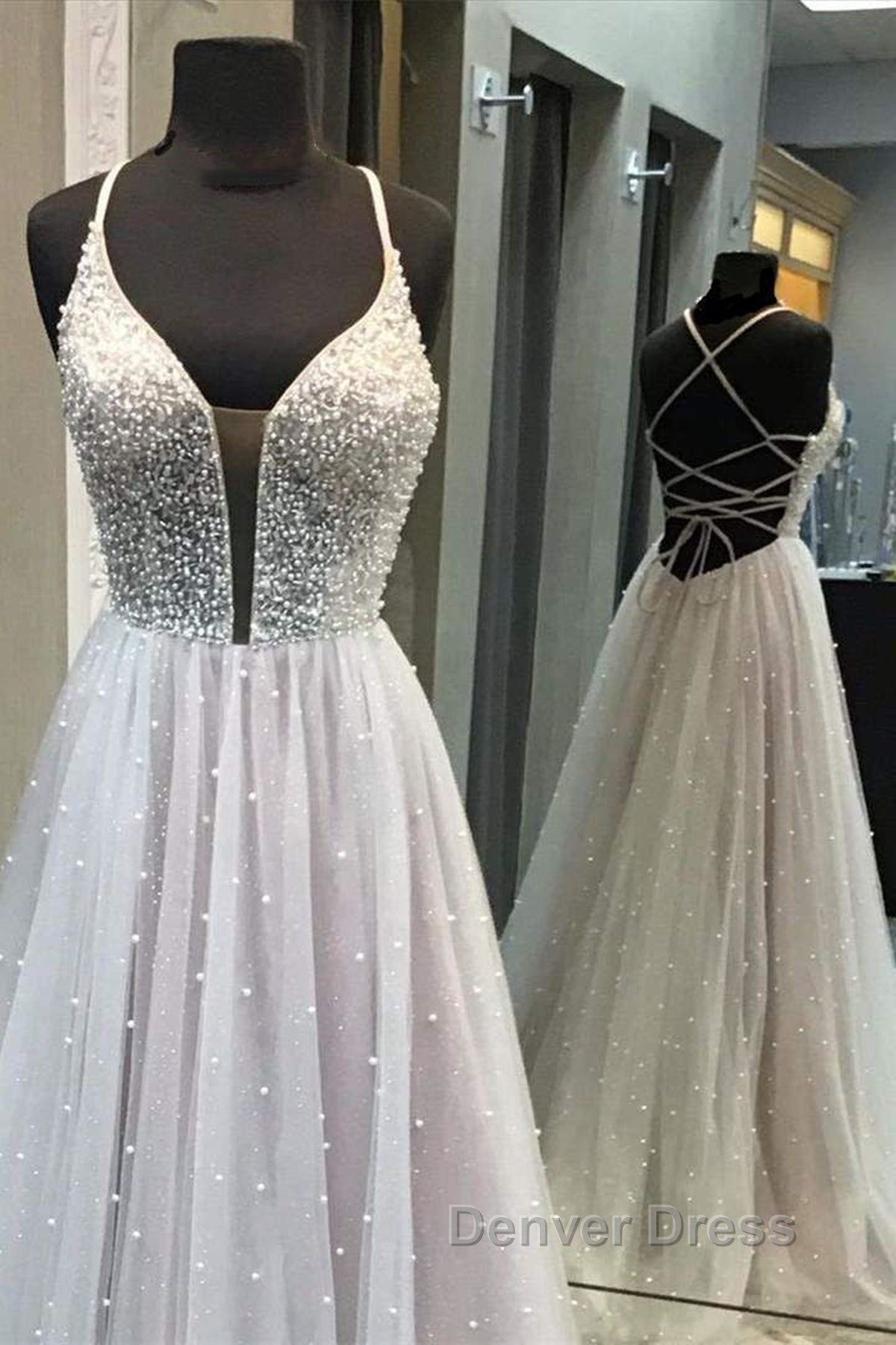Gorgeous V Neck Backless Beaded Gray Tulle Long Prom Dress, Backless Grey Prom Graduation Prom Dresses Secondary image