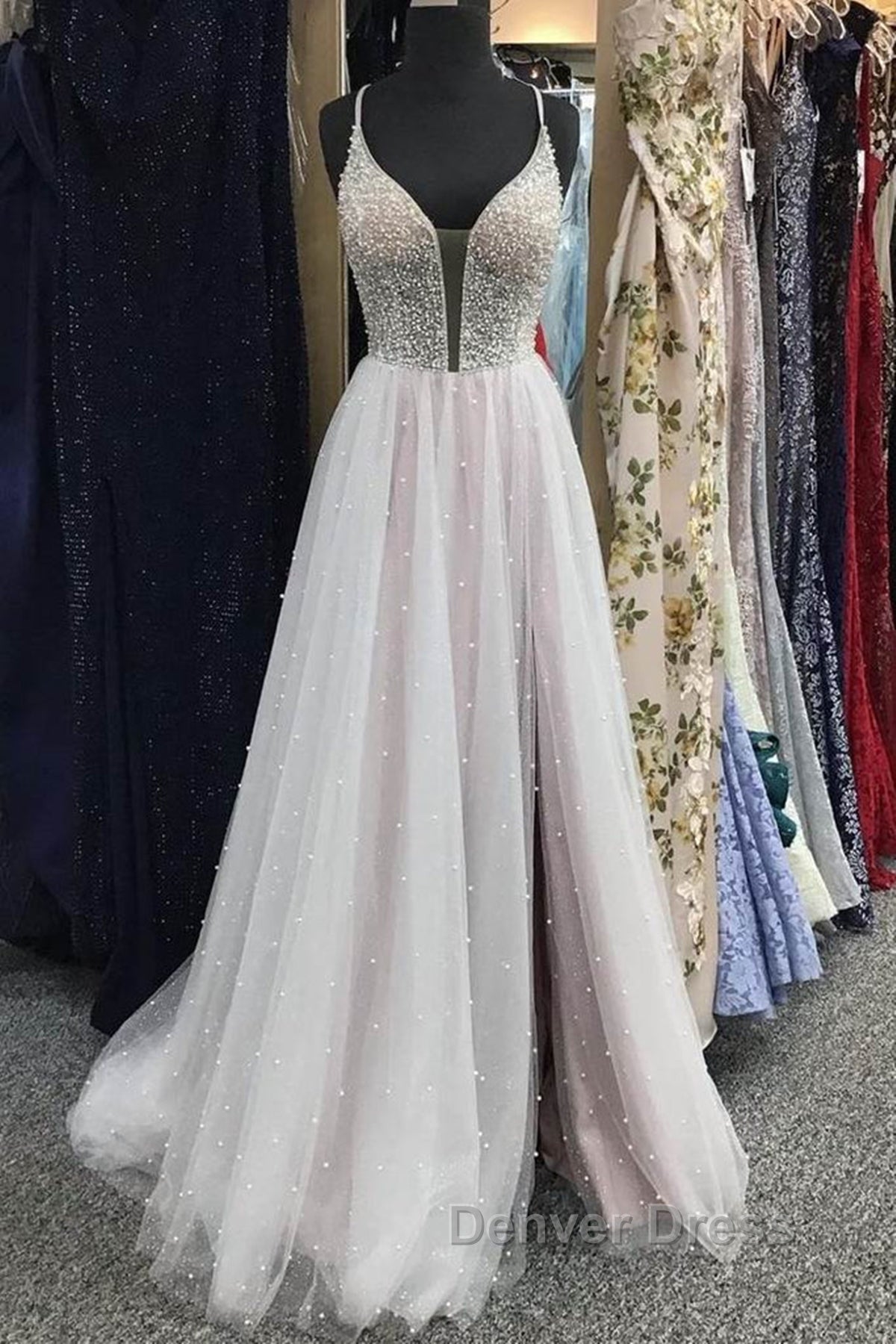Gorgeous V Neck Backless Beaded Gray Tulle Long Prom Dress, Backless Grey Prom Graduation Prom Dresses