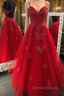 Gorgeous V Neck Backless Red Lace Appliques Prom Dresses