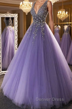 Gorgeous V Neck Beaded Purple Tulle Long Prom Dress, V Neck Purple Prom Dresses, Purple Ball Gowns